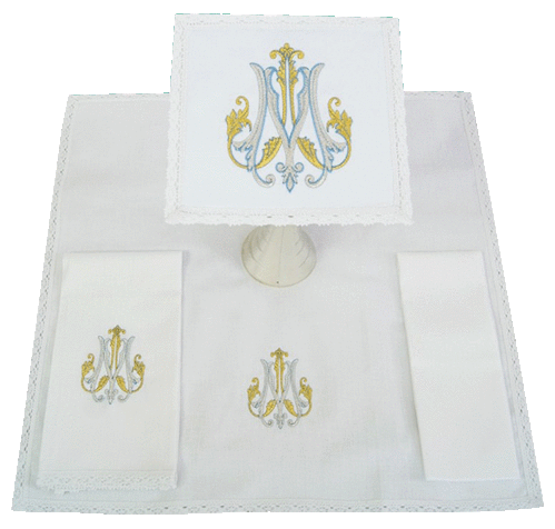 Small Linen - Sacred Monogram of Our Lady in Blend of Blue and Gold