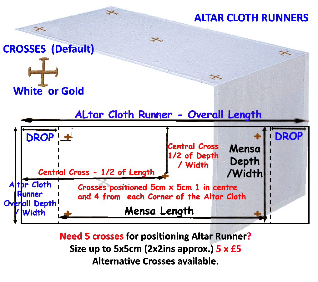 Altar Cloth Runner - Plain PolyCotton  w 5x White Crosses